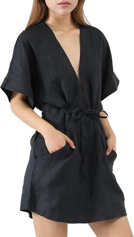 Women's Swimsuit Cover Up 100% Linen Robe for Women Beachwear Sleeveless V Neck Lounge Dress in Saudi Arabia