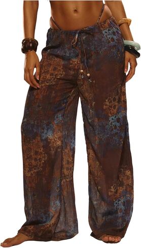 GORGLITTER Women's Tie Dye Linen Pants Summer Casual Boho Bow Elastic Low Waist Drawstring Wide Leg Cover Up Pants in Saudi Arabia