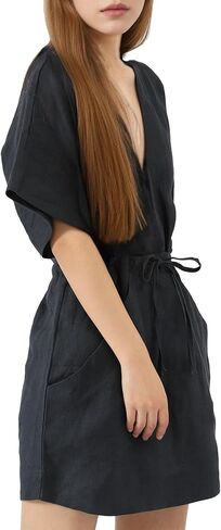 Women's Swimsuit Cover Up 100% Linen Robe for Women Beachwear Sleeveless V Neck Lounge Dress in Saudi Arabia
