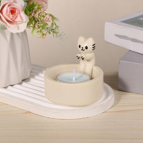 Cartoon Kitten Candle Holder, Handmade Resin Candlesticks Cat Warming Paws Hands Cute Scented Light Holder Funny Kawaii Ornament for Girls Women Cat Lover Gifts Home Room Desk Decor, White in Saudi Arabia