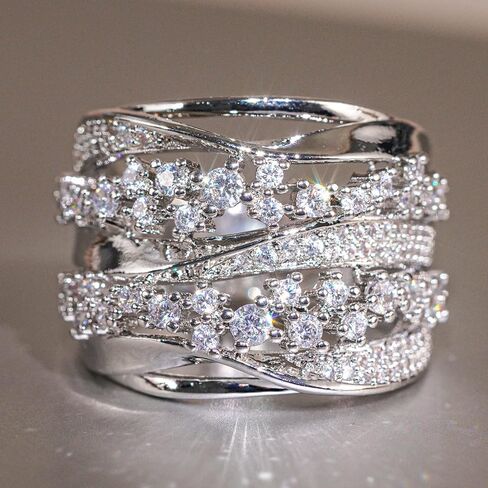 Gorgeous Wide Silver Color Rings with Cubic Zirconia for Women Luxury Wedding Party Jewelry in Saudi Arabia