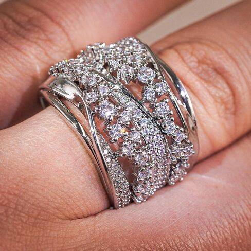 Gorgeous Wide Silver Color Rings with Cubic Zirconia for Women Luxury Wedding Party Jewelry in Saudi Arabia