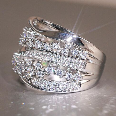 Gorgeous Wide Silver Color Rings with Cubic Zirconia for Women Luxury Wedding Party Jewelry in Saudi Arabia