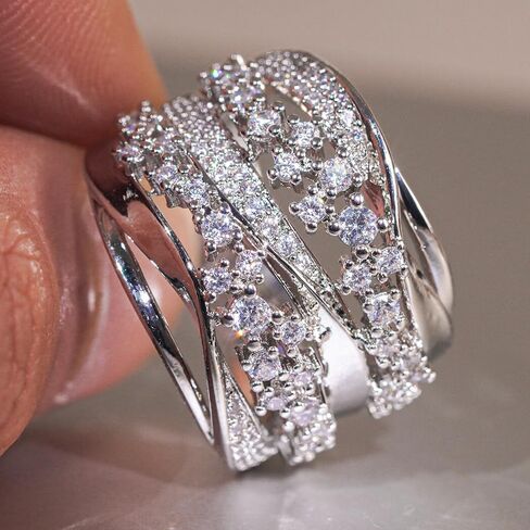 Gorgeous Wide Silver Color Rings with Cubic Zirconia for Women Luxury Wedding Party Jewelry in Saudi Arabia