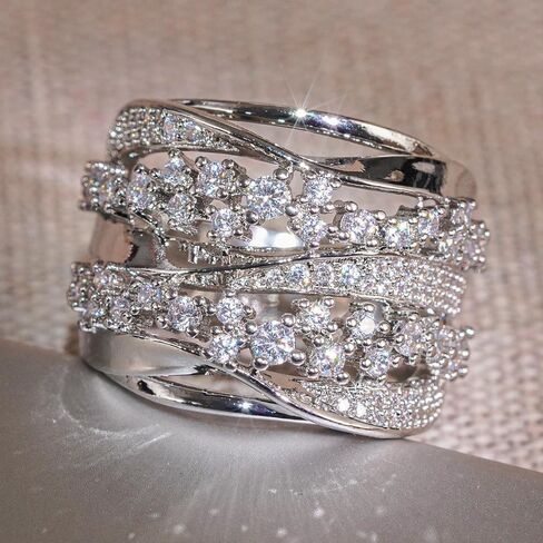 Gorgeous Wide Silver Color Rings with Cubic Zirconia for Women Luxury Wedding Party Jewelry in Saudi Arabia