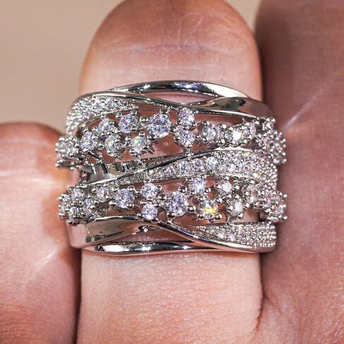 Gorgeous Wide Silver Color Rings with Cubic Zirconia for Women Luxury Wedding Party Jewelry in Saudi Arabia