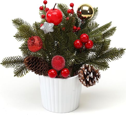 13 Inch Christmas Norfolk Pine Branches with Red Berry in a White Ceramic Pot,Xmas Artificial Pine Branches with Lights Cones for Holiday Home Indoor Christmas Picks Table Decor（40pcs） in Saudi Arabia