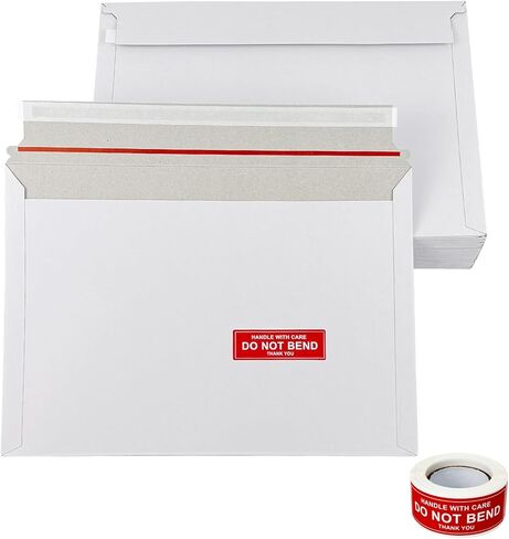 100 Pack 12.8x9.2" Rigid Mailers Cardboard Envelopes, Photo CD Mailers Shipping Envelope for Trading Cards with "DO NOT BEND" Labels, Small Stay Flat Self Seal Document Envelope - White in Saudi Arabia