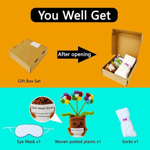 Christmas Birthday Gift - Get Well Soon Gift Handmade Crocheted Flower with Heartwarming Message - After Surgery Recovery Gifts Get Better Care Package Encouragement Box for Sick Friends in Saudi Arabia