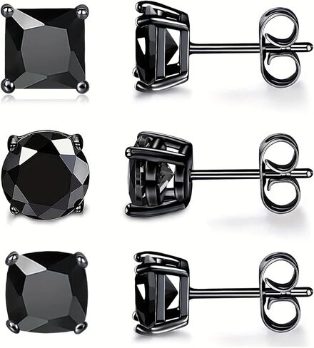 VOLUKA Black Cubic Zirconia Stud Earrings for Women Men - 3 Pack of Surgical Stainless Steel Black Gold Plated Hypoallergenic for Sensitive Ears Simulated Diamond CZ in Saudi Arabia