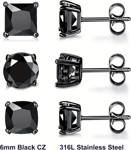 VOLUKA Black Cubic Zirconia Stud Earrings for Women Men - 3 Pack of Surgical Stainless Steel Black Gold Plated Hypoallergenic for Sensitive Ears Simulated Diamond CZ in Saudi Arabia