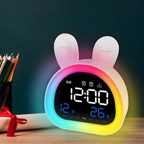 LED Rabbit Intelligent Alarm Clock with Touch Control Gradual Changes Atmosphere lamp,Bluetooth auto Calibrate to time,Sound Control,Mirror Surface,Dual Colors Display and Rechargeable.White in Saudi Arabia