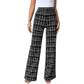 Women's Plus Size Plaid Print Tweed Pants High Waisted Straight Leg Elegant Long Trousers in Kuwait