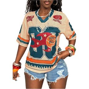 Women's Number Print Mesh Jersey Shirt Color Block V Neck Short Sleeve Football T-Shirt in Saudi Arabia