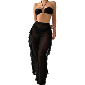 OYOANGLE Women's Ruffle Bikini Set 3 Piece Criss Cross Tie Backless Cheeky Swimsuit with Cover Up Pants in Kuwait