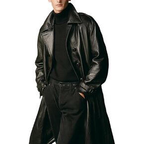 Men's Genuine Leather Trench Coat, Mid-Length Double Breasted with Belt, Leather Overcoat Jacket in Saudi Arabia