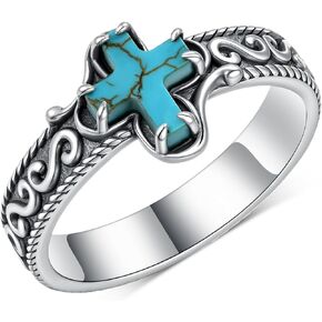 Genuine Natural Turquoise Cross Ring 925 Sterling Silver Boho Religion Christian Rings Bohemian Vintage Style Jewelry Gift for Women in Kuwait