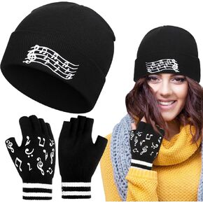 Ramede 2 Pcs Winter Music Notes Beanie Hat Gloves Set Soft Knitted Set Hat Stretchy Gloves Warm Skull Cap Musical Gifts for Music Lover Musician Teacher Producers Women Men in Saudi Arabia