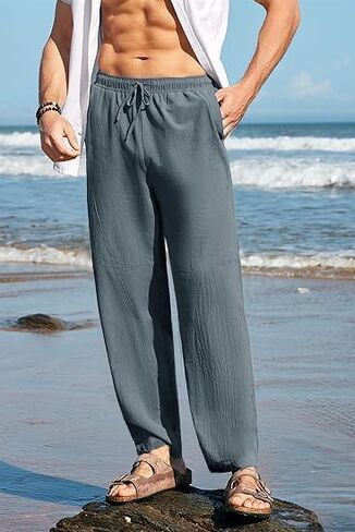 Men's Linen Harem Pants Elastic Drawstring Waist Loose Fit Casual Yoga Beach Trousers with Pockets in Saudi Arabia