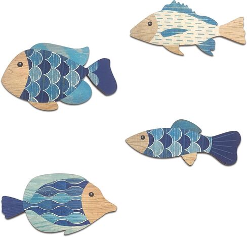 Vumyhuby Wooden Fish Wall Art​ with Coastal Ocean Theme Decor - Handcrafted Natural Wood Fishs Wall Sculpture Set of 4, Rustic Hanging for Linving Room, Beach, Nautical, or Coastal Home Decoration, Unique Gifts,C in Saudi Arabia