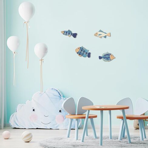 Vumyhuby Wooden Fish Wall Art​ with Coastal Ocean Theme Decor - Handcrafted Natural Wood Fishs Wall Sculpture Set of 4, Rustic Hanging for Linving Room, Beach, Nautical, or Coastal Home Decoration, Unique Gifts,C in Saudi Arabia