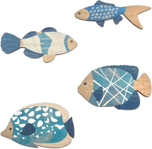 Vumyhuby Wooden Fish Wall Art​ with Coastal Ocean Theme Decor - Handcrafted Natural Wood Fishs Wall Sculpture Set of 4, Rustic Hanging for Linving Room, Beach, Nautical, or Coastal Home Decoration, Unique Gifts,C in Saudi Arabia