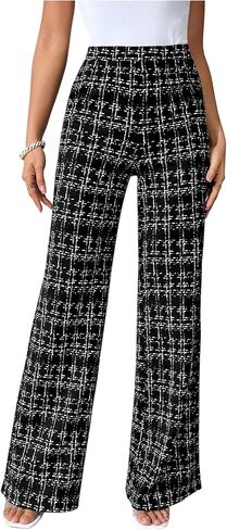 Women's Plus Size Plaid Print Tweed Pants High Waisted Straight Leg Elegant Long Trousers in Kuwait