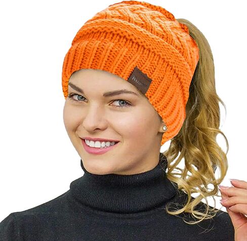 Rosoz 1&2 Packs Ponytail Beanie for Women,Winter Warm Beanie Tail Soft Stretch Cable Knit Messy High Bun Hat in Kuwait