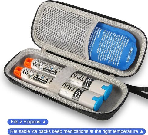 EpiPen Medical Hard Carrying Case with Reusable Ice Pack for 2 EpiPens, Hard Shell EVA Shock Absorption Travel Medication Organizer Bag (black) in Saudi Arabia