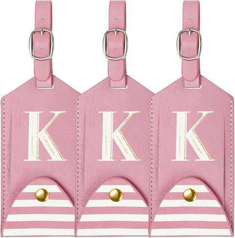 Luggage Tags, Initial Letter Travel Luggage Baggage Labels PU Leather Tag Holder Waterproof for Privacy Protection ID Suitcase Identifier Backpack (3 Pack, Pink K) in Saudi Arabia