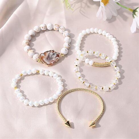 5PCS Beaded Bracelets/Bangle for Women, Multilayered Stackable Elastic Natural Turquoise Jasper Agate Crystal Stones Bracelets Set Handmade Boho Jewelry Gift for Women in Saudi Arabia