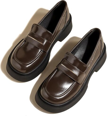 Women's Leather Platform Loafers - Chunky Heel Slip-On Shoes for Business & Casual, Round Toe Comfortable Work Dress Shoes with Cushioned Sole in Saudi Arabia