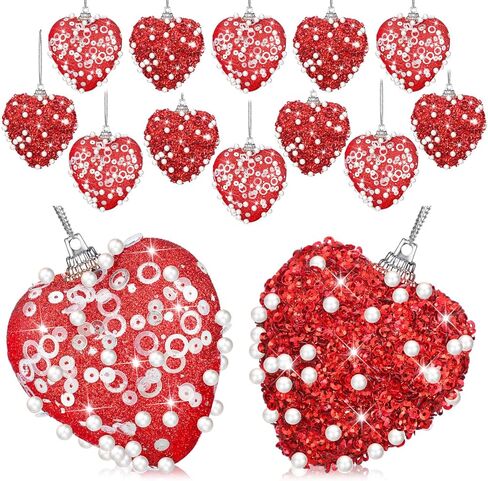 12 Pcs Valentine‘s Day Heart Ornaments Glitter Sequin Heart Shaped Baubles Decoration Valentines Pearl Foam Hanging Decor for Valentine‘s Day Tree Crafts Decor(Red) in Saudi Arabia