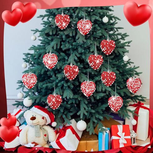 12 Pcs Valentine‘s Day Heart Ornaments Glitter Sequin Heart Shaped Baubles Decoration Valentines Pearl Foam Hanging Decor for Valentine‘s Day Tree Crafts Decor(Red) in Saudi Arabia