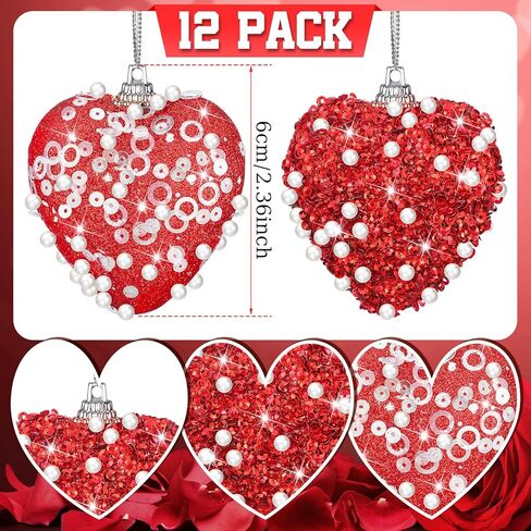 12 Pcs Valentine‘s Day Heart Ornaments Glitter Sequin Heart Shaped Baubles Decoration Valentines Pearl Foam Hanging Decor for Valentine‘s Day Tree Crafts Decor(Red) in Saudi Arabia