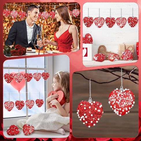 12 Pcs Valentine‘s Day Heart Ornaments Glitter Sequin Heart Shaped Baubles Decoration Valentines Pearl Foam Hanging Decor for Valentine‘s Day Tree Crafts Decor(Red) in Saudi Arabia