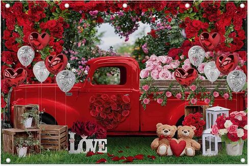 ZTHMOE 7x5ft Polyester Valentine's Day Red Truck Backdrop Rose Garden Heart Love Balloons Photography Background Romantic Gift Banner Decorations Couple Photo Props in Kuwait