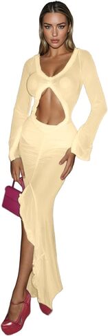 Women Sexy Long Sleeves See Through Mesh Maxi Dress Deep V Neck Ruffle Trim Flowy Ruched Split Fishtail Long Dress in Saudi Arabia
