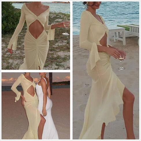 Women Sexy Long Sleeves See Through Mesh Maxi Dress Deep V Neck Ruffle Trim Flowy Ruched Split Fishtail Long Dress in Saudi Arabia