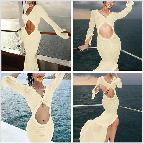 Women Sexy Long Sleeves See Through Mesh Maxi Dress Deep V Neck Ruffle Trim Flowy Ruched Split Fishtail Long Dress in Saudi Arabia