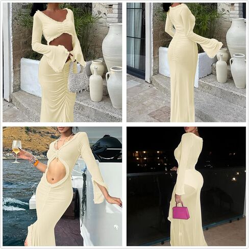 Women Sexy Long Sleeves See Through Mesh Maxi Dress Deep V Neck Ruffle Trim Flowy Ruched Split Fishtail Long Dress in Saudi Arabia