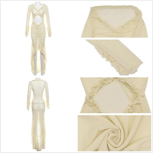 Women Sexy Long Sleeves See Through Mesh Maxi Dress Deep V Neck Ruffle Trim Flowy Ruched Split Fishtail Long Dress in Saudi Arabia