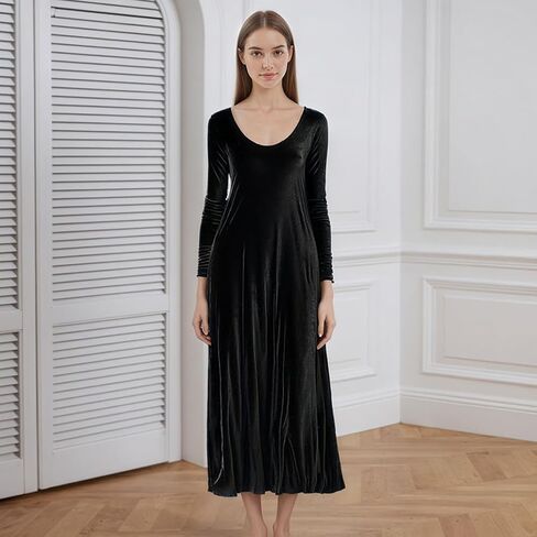 Velvet Long Sleeve Midi Dress Women Autumn Winter O Neck Loose Fit Casual in Saudi Arabia