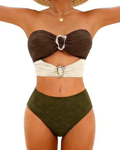 Jolefille High Waisted Bikini Sets for Women Bandeau Strapless Swimsuits Tummy Control Bathing Suit Ribbed 2 Piece Swim Suits in Saudi Arabia