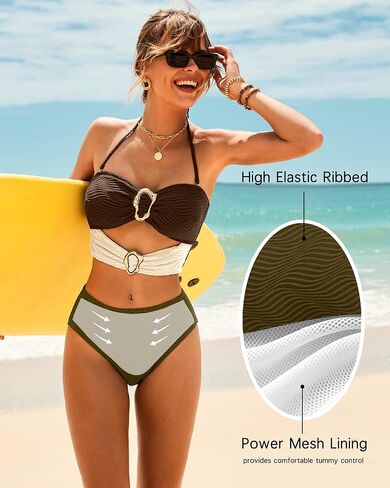 Jolefille High Waisted Bikini Sets for Women Bandeau Strapless Swimsuits Tummy Control Bathing Suit Ribbed 2 Piece Swim Suits in Saudi Arabia