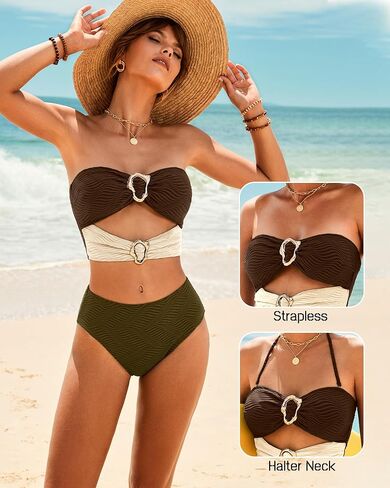 Jolefille High Waisted Bikini Sets for Women Bandeau Strapless Swimsuits Tummy Control Bathing Suit Ribbed 2 Piece Swim Suits in Saudi Arabia
