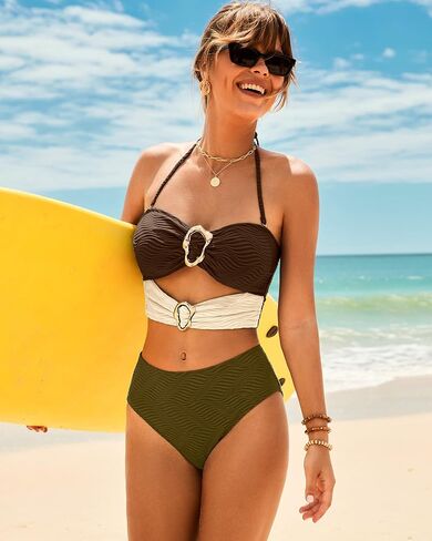 Jolefille High Waisted Bikini Sets for Women Bandeau Strapless Swimsuits Tummy Control Bathing Suit Ribbed 2 Piece Swim Suits in Saudi Arabia