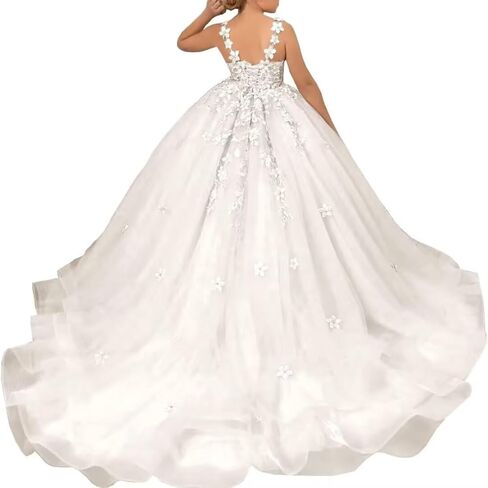 Tulle Flower Girl Dress for Wedding Laces Applique Pageant Party Dress Princess Puffy Communion Gown TZ10 in Saudi Arabia
