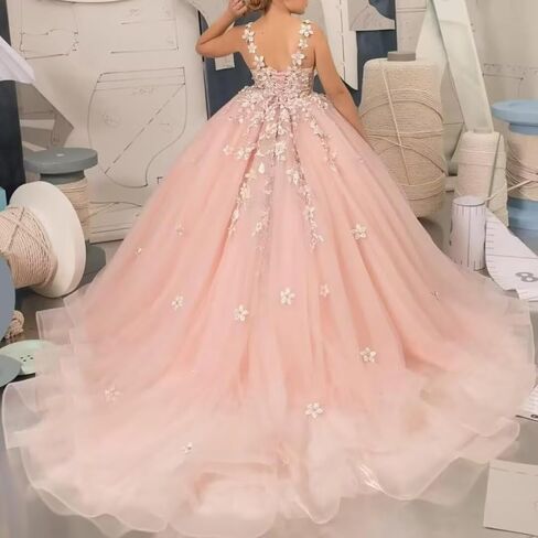 Tulle Flower Girl Dress for Wedding Laces Applique Pageant Party Dress Princess Puffy Communion Gown TZ10 in Saudi Arabia