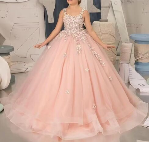 Tulle Flower Girl Dress for Wedding Laces Applique Pageant Party Dress Princess Puffy Communion Gown TZ10 in Saudi Arabia